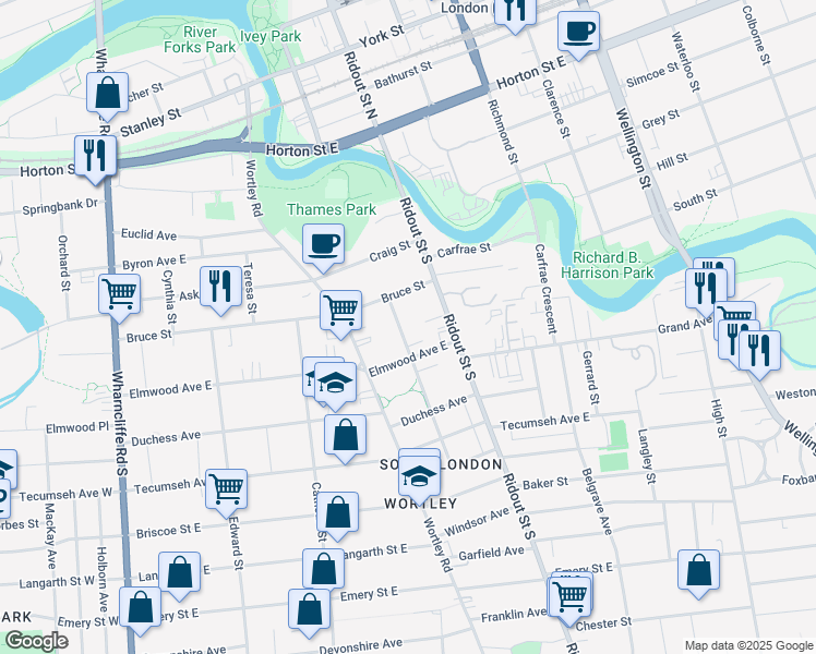 map of restaurants, bars, coffee shops, grocery stores, and more near 22 Marley Place in London