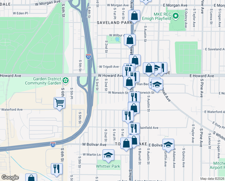 map of restaurants, bars, coffee shops, grocery stores, and more near 3975 South 1st Place in Milwaukee
