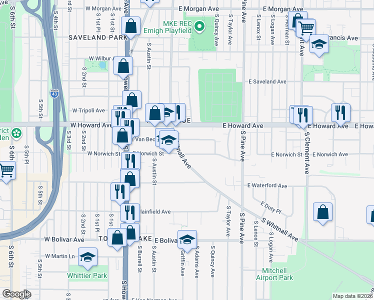map of restaurants, bars, coffee shops, grocery stores, and more near 414 East Norwich Street in Milwaukee