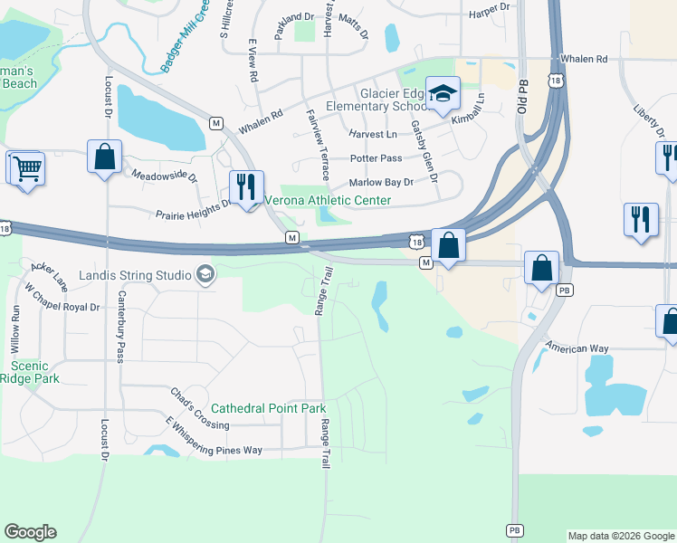 map of restaurants, bars, coffee shops, grocery stores, and more near 6801 County Highway M in Verona