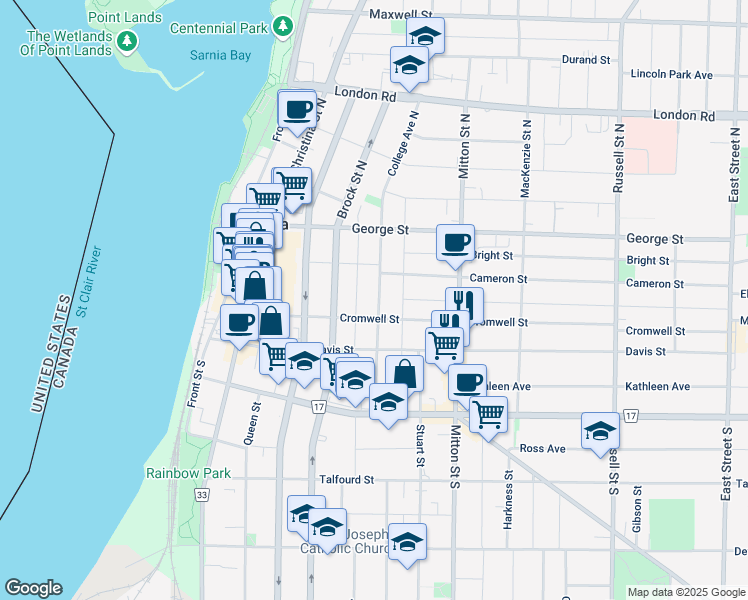 map of restaurants, bars, coffee shops, grocery stores, and more near 143 College Avenue North in Sarnia