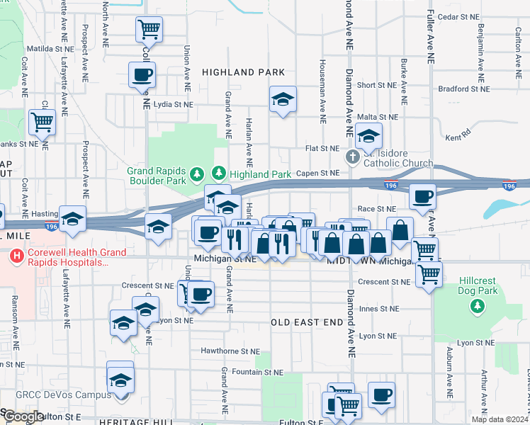 map of restaurants, bars, coffee shops, grocery stores, and more near 525 Eastern Avenue Northeast in Grand Rapids