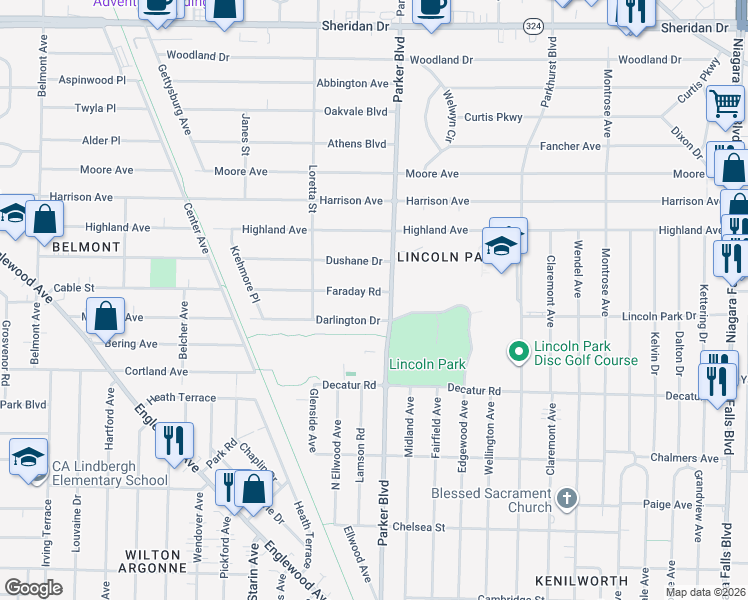 map of restaurants, bars, coffee shops, grocery stores, and more near 379 Faraday Road in Buffalo
