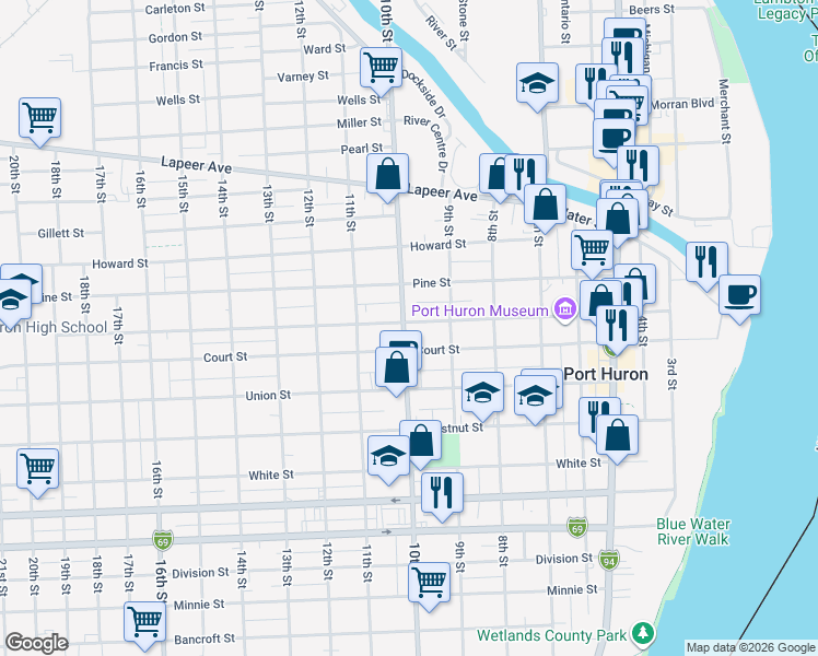 map of restaurants, bars, coffee shops, grocery stores, and more near 1102 10th Street in Port Huron