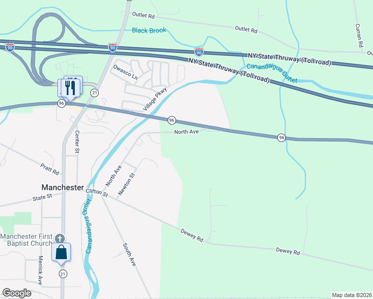 map of restaurants, bars, coffee shops, grocery stores, and more near 3973 North Avenue in Shortsville