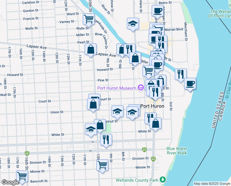 map of restaurants, bars, coffee shops, grocery stores, and more near 807 Court Street in Port Huron