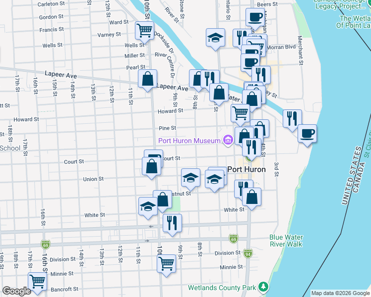 map of restaurants, bars, coffee shops, grocery stores, and more near 807 Court Street in Port Huron