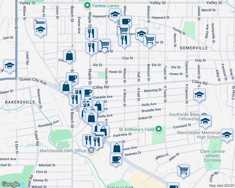 map of restaurants, bars, coffee shops, grocery stores, and more near 152 Oakdale Avenue in Manchester