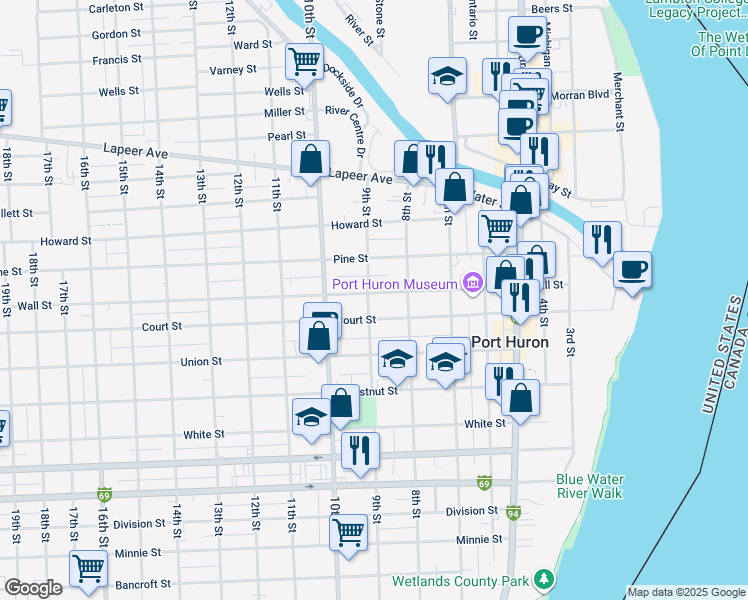 map of restaurants, bars, coffee shops, grocery stores, and more near 1110 9th Street in Port Huron