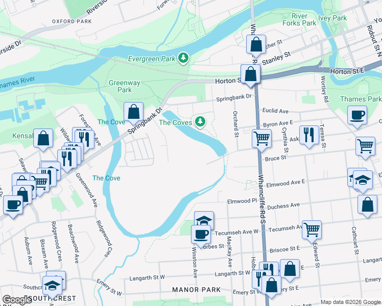 map of restaurants, bars, coffee shops, grocery stores, and more near 87 Cove Road in London