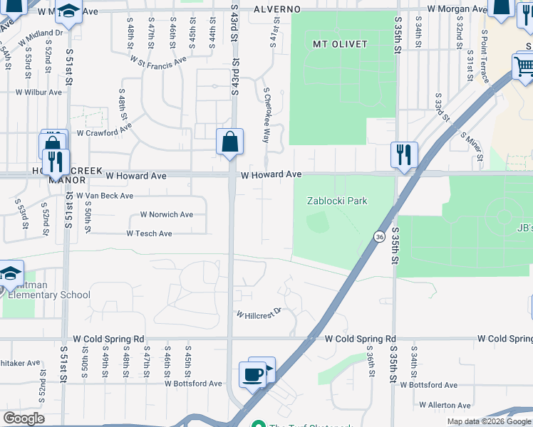 map of restaurants, bars, coffee shops, grocery stores, and more near 4008 South 41st Street in Greenfield