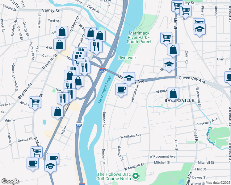 map of restaurants, bars, coffee shops, grocery stores, and more near 303 Dunbar Street in Manchester