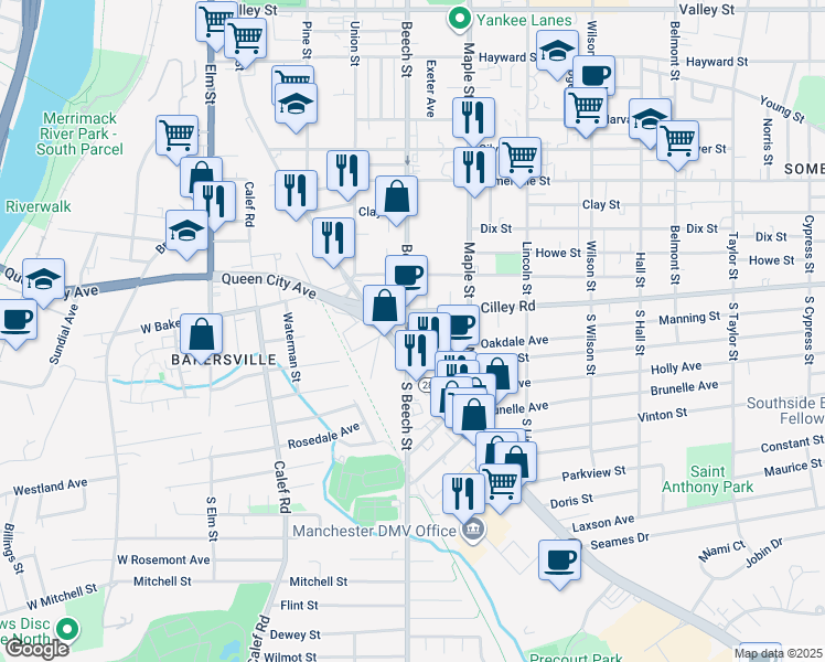 map of restaurants, bars, coffee shops, grocery stores, and more near in Manchester