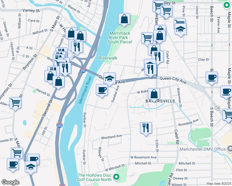 map of restaurants, bars, coffee shops, grocery stores, and more near 77 Sundial Avenue in Manchester