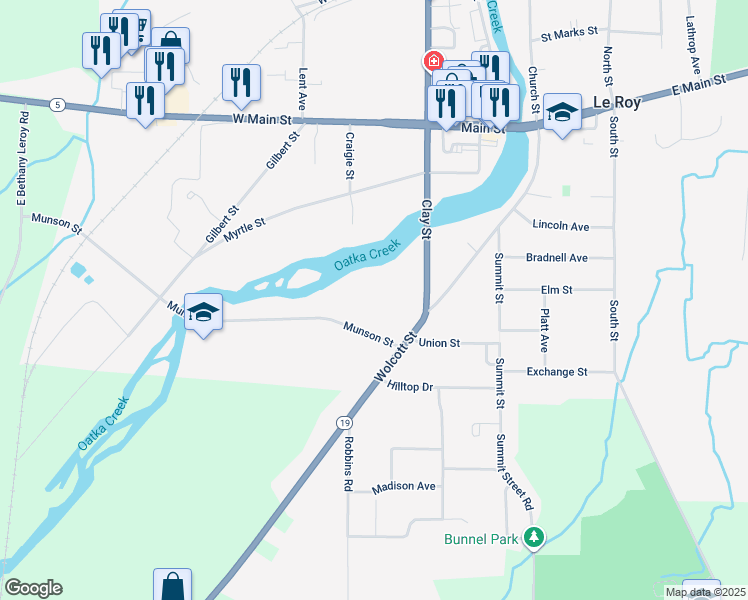 map of restaurants, bars, coffee shops, grocery stores, and more near 10 Munson Street in Le Roy