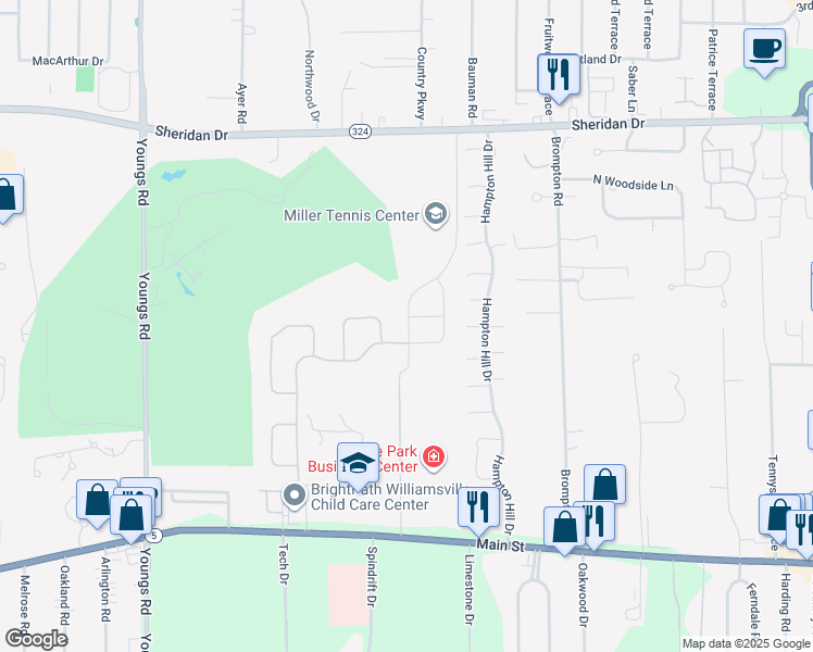 map of restaurants, bars, coffee shops, grocery stores, and more near 106 Old Tower Lane in Buffalo