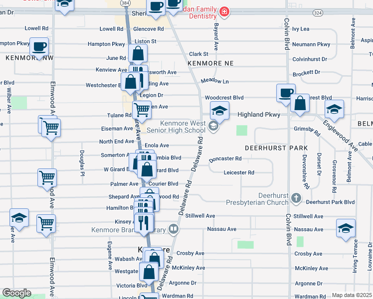 map of restaurants, bars, coffee shops, grocery stores, and more near 112 Columbia Boulevard in Buffalo