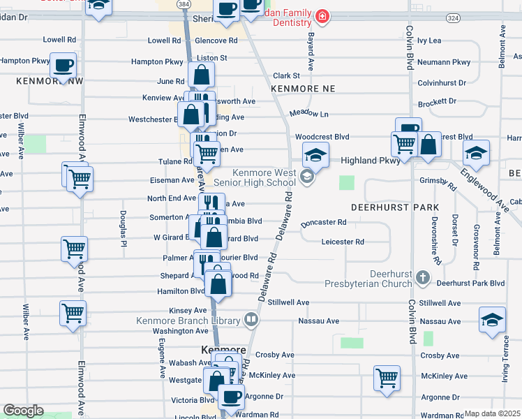 map of restaurants, bars, coffee shops, grocery stores, and more near 112 Columbia Boulevard in Buffalo