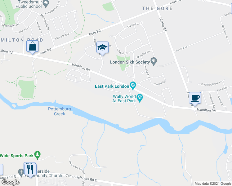 map of restaurants, bars, coffee shops, grocery stores, and more near 1241 Hamilton Road in London