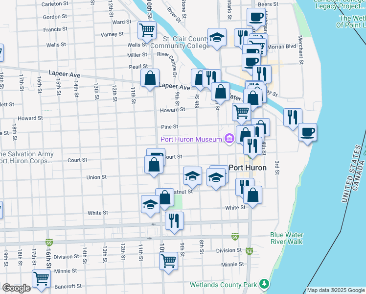 map of restaurants, bars, coffee shops, grocery stores, and more near 1110 9th Street in Port Huron