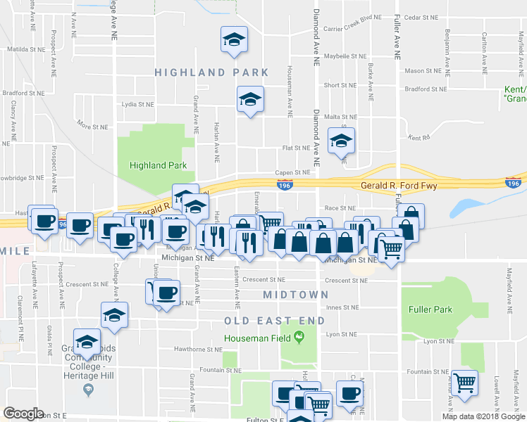 map of restaurants, bars, coffee shops, grocery stores, and more near 467 Emerald Avenue Northeast in Grand Rapids