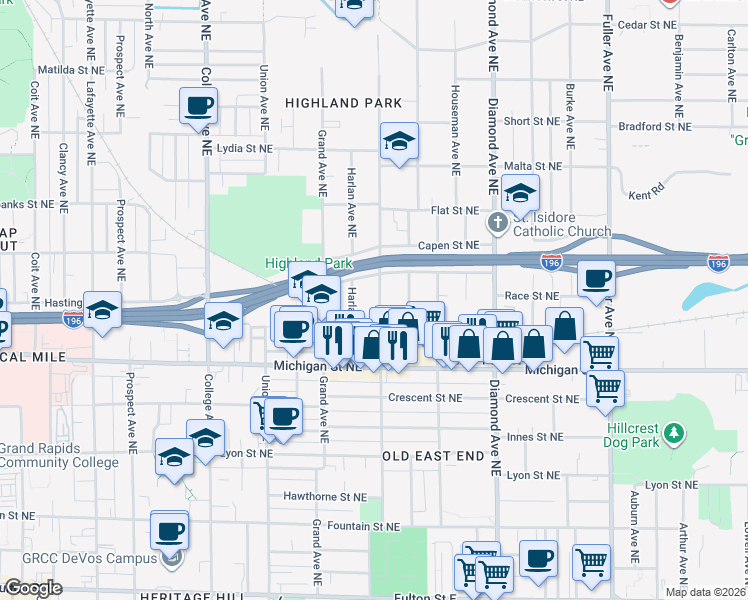 map of restaurants, bars, coffee shops, grocery stores, and more near 525 Eastern Avenue Northeast in Grand Rapids