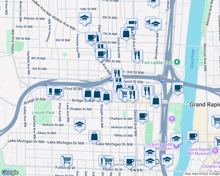 map of restaurants, bars, coffee shops, grocery stores, and more near 723 First Street Northwest in Grand Rapids
