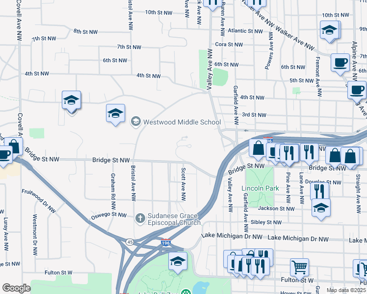 map of restaurants, bars, coffee shops, grocery stores, and more near 1400 Mount Mercy Drive Northwest in Grand Rapids