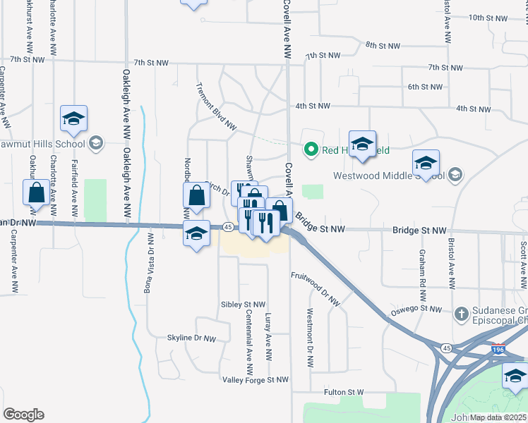 map of restaurants, bars, coffee shops, grocery stores, and more near 2041 Lake Michigan Drive Northwest in Grand Rapids