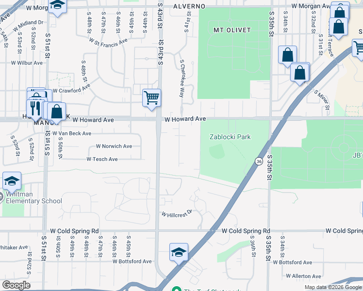 map of restaurants, bars, coffee shops, grocery stores, and more near 4008 South 41st Street in Greenfield