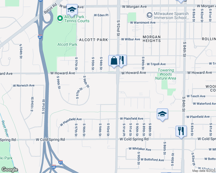 map of restaurants, bars, coffee shops, grocery stores, and more near 3971 South 92nd Street in Greenfield