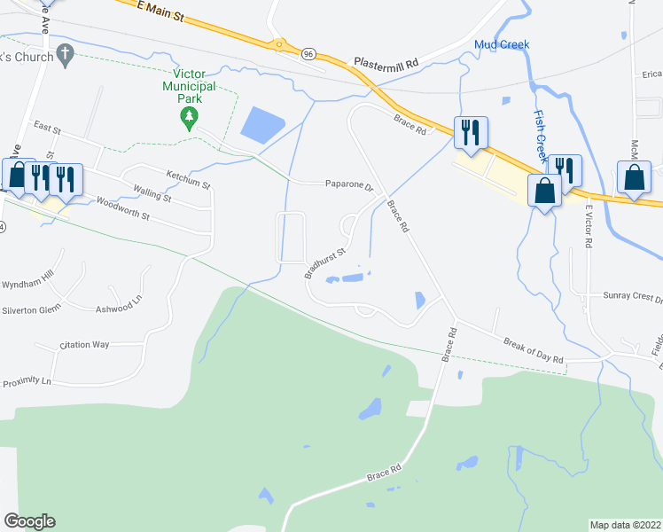 map of restaurants, bars, coffee shops, grocery stores, and more near 6614 Bradhurst Street in Victor