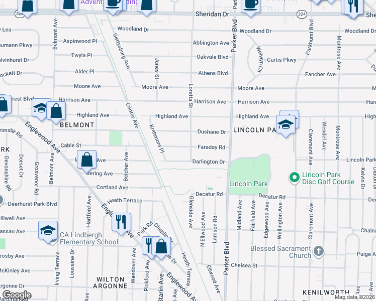 map of restaurants, bars, coffee shops, grocery stores, and more near 301 Faraday Road in Buffalo