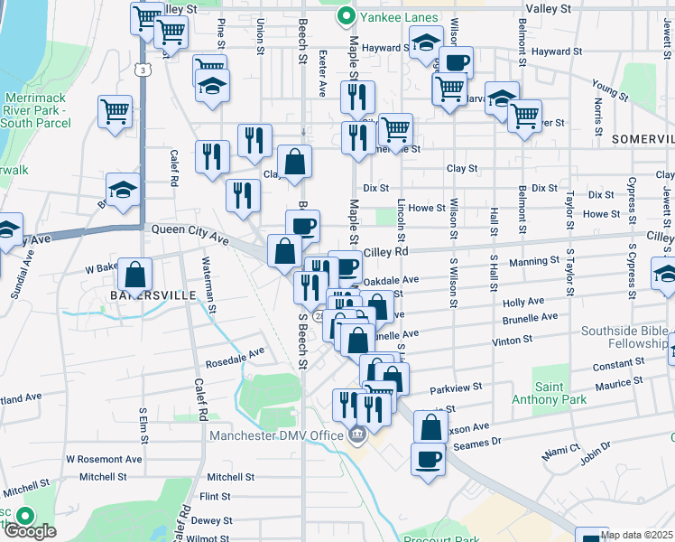 map of restaurants, bars, coffee shops, grocery stores, and more near 16 Cherry Avenue in Manchester