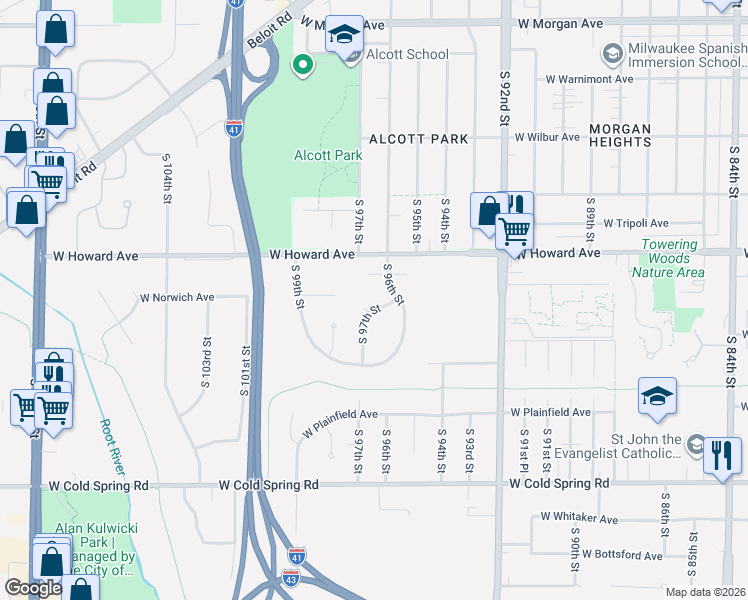 map of restaurants, bars, coffee shops, grocery stores, and more near 3961 South 97th Street in Greenfield