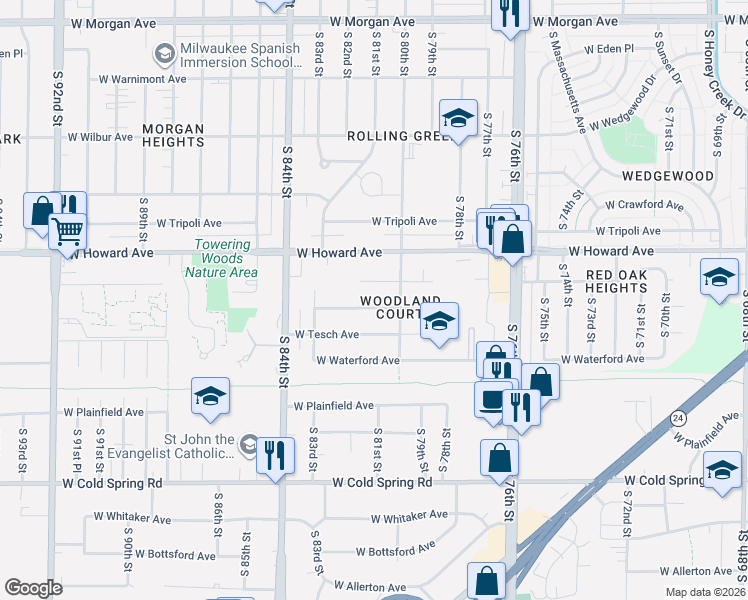 map of restaurants, bars, coffee shops, grocery stores, and more near 8026 West Norwich Street in Milwaukee