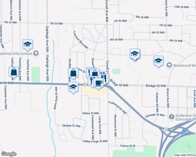 map of restaurants, bars, coffee shops, grocery stores, and more near 2041 Lake Michigan Drive Northwest in Grand Rapids