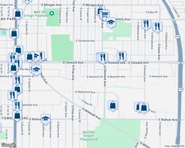 map of restaurants, bars, coffee shops, grocery stores, and more near 1100 East Norwich Street in Milwaukee