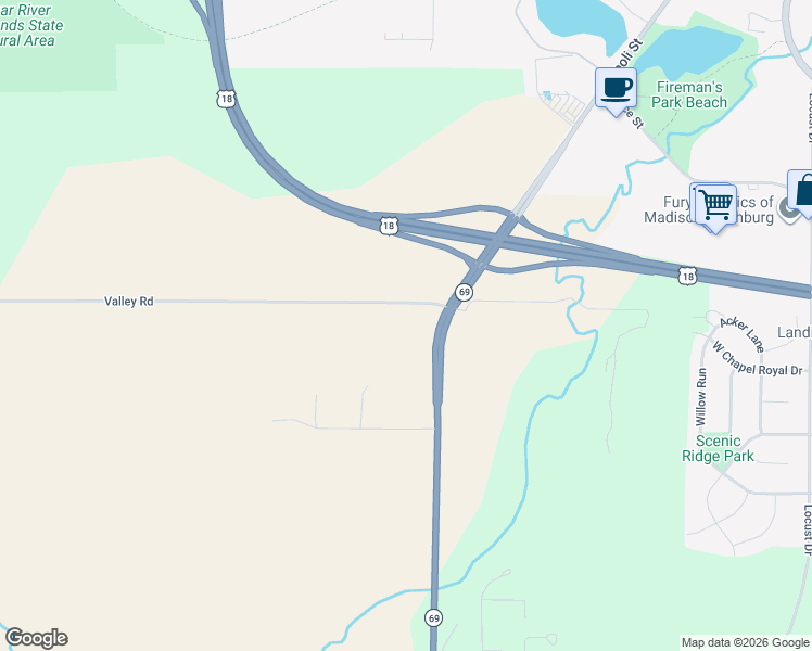 map of restaurants, bars, coffee shops, grocery stores, and more near 7223 Valley Road in Verona