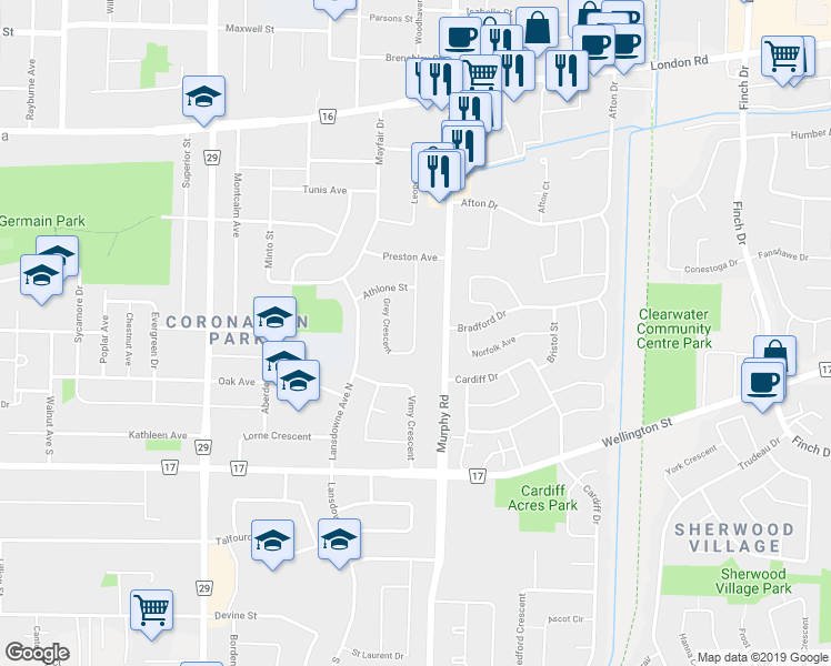 map of restaurants, bars, coffee shops, grocery stores, and more near 97 Grey Crescent in Sarnia
