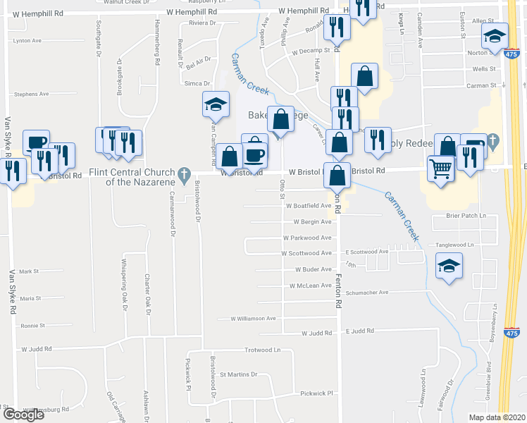 map of restaurants, bars, coffee shops, grocery stores, and more near 1121 West Boatfield Avenue in Flint