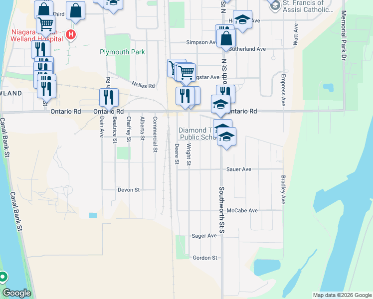 map of restaurants, bars, coffee shops, grocery stores, and more near 246 Wright Street in Welland