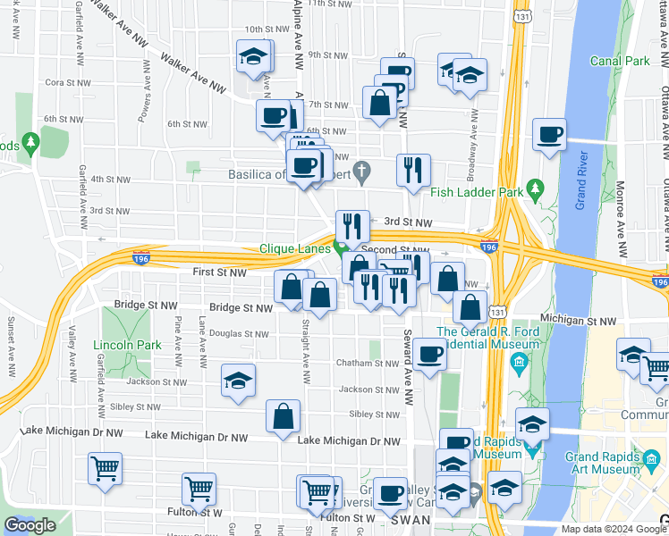map of restaurants, bars, coffee shops, grocery stores, and more near 717 Whalen Court Northwest in Grand Rapids