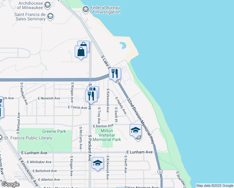 map of restaurants, bars, coffee shops, grocery stores, and more near 3970 South Hately Avenue in Saint Francis