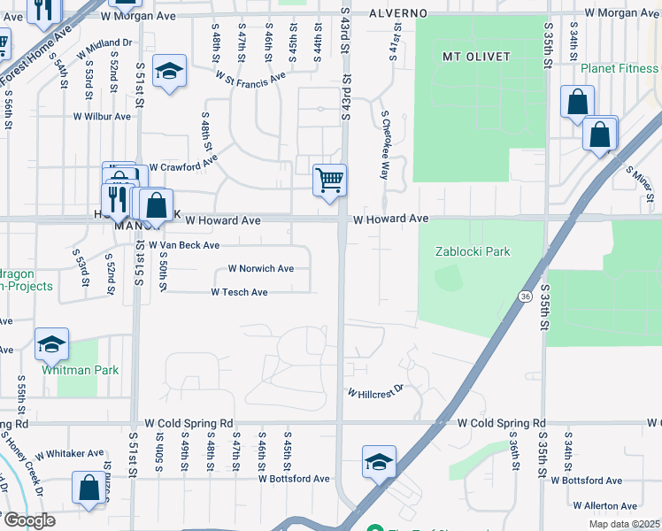 map of restaurants, bars, coffee shops, grocery stores, and more near 3961 South 43rd Street in Greenfield