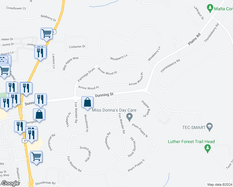 map of restaurants, bars, coffee shops, grocery stores, and more near Dunning Street & Fox Wander Road in Ballston Spa