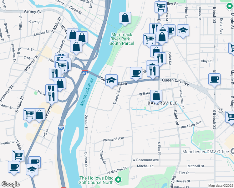 map of restaurants, bars, coffee shops, grocery stores, and more near 77 Sundial Avenue in Manchester