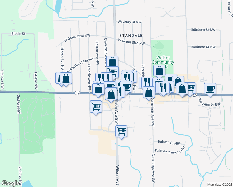 map of restaurants, bars, coffee shops, grocery stores, and more near in Walker
