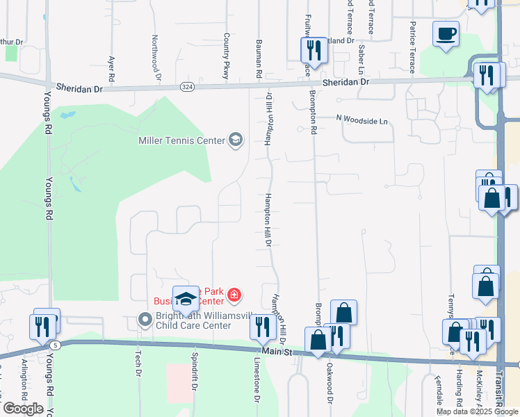 map of restaurants, bars, coffee shops, grocery stores, and more near 102 Hampton Hill Drive in Buffalo
