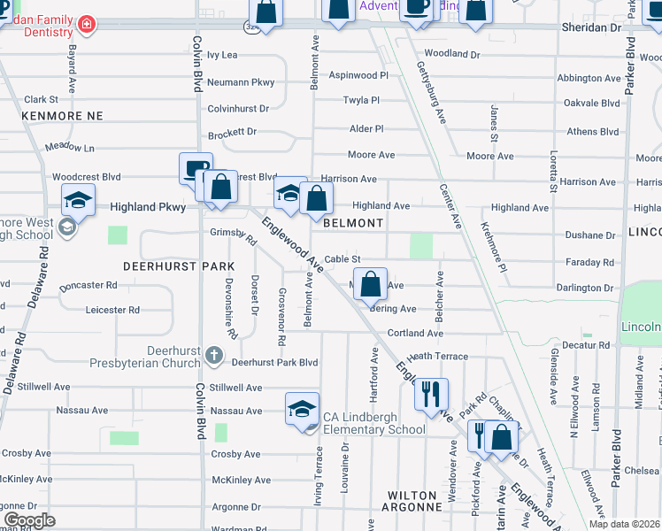 map of restaurants, bars, coffee shops, grocery stores, and more near 1023 Englewood Avenue in Buffalo